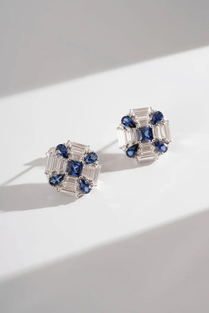 Fibflx Women's Blue & White Lab Grown Diamond Flower Stud Earrings in Sterling Silver