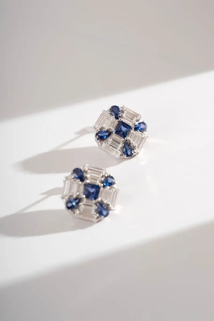 Fibflx Women's Blue & White Lab Grown Diamond Flower Stud Earrings in Sterling Silver