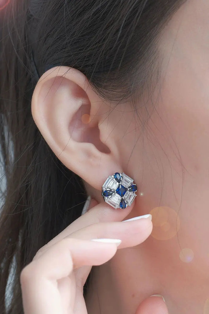 Fibflx Women's Blue & White Lab Grown Diamond Flower Stud Earrings in Sterling Silver