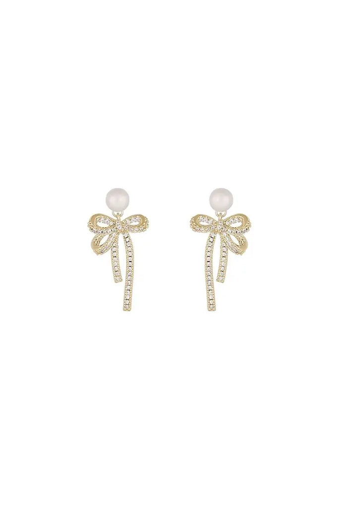 Fibflx Women's Bow Earrings with Pearl and Glimmer Gem