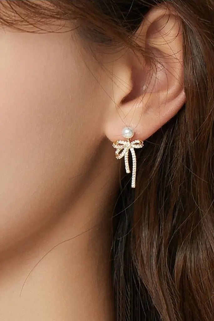 Fibflx Women's Bow Earrings with Pearl and Glimmer Gem