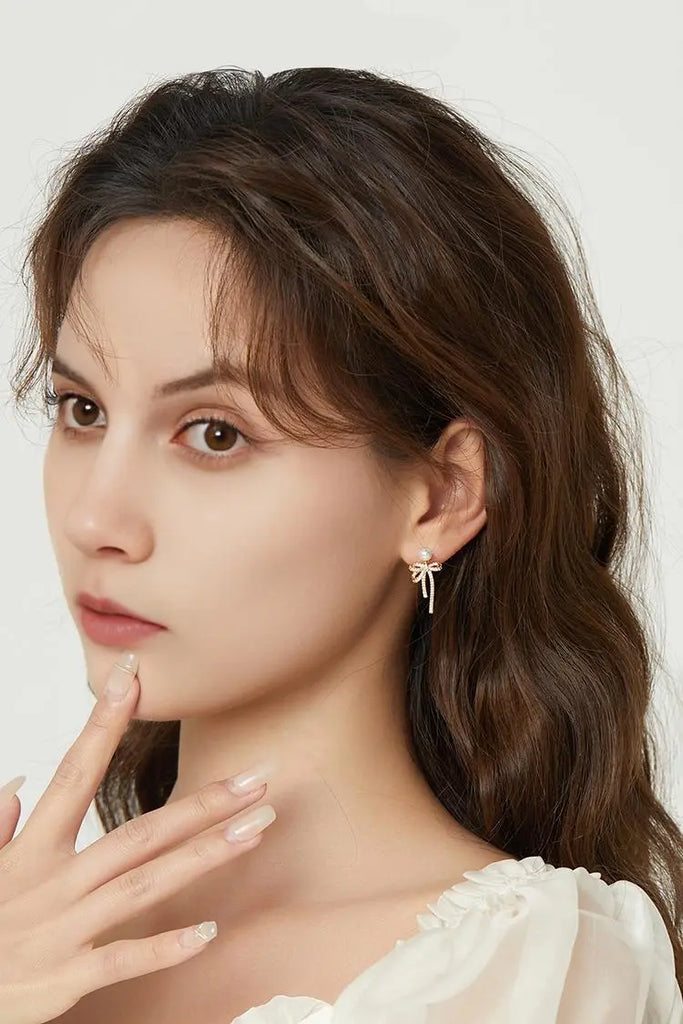 Fibflx Women's Bow Earrings with Pearl and Glimmer Gem