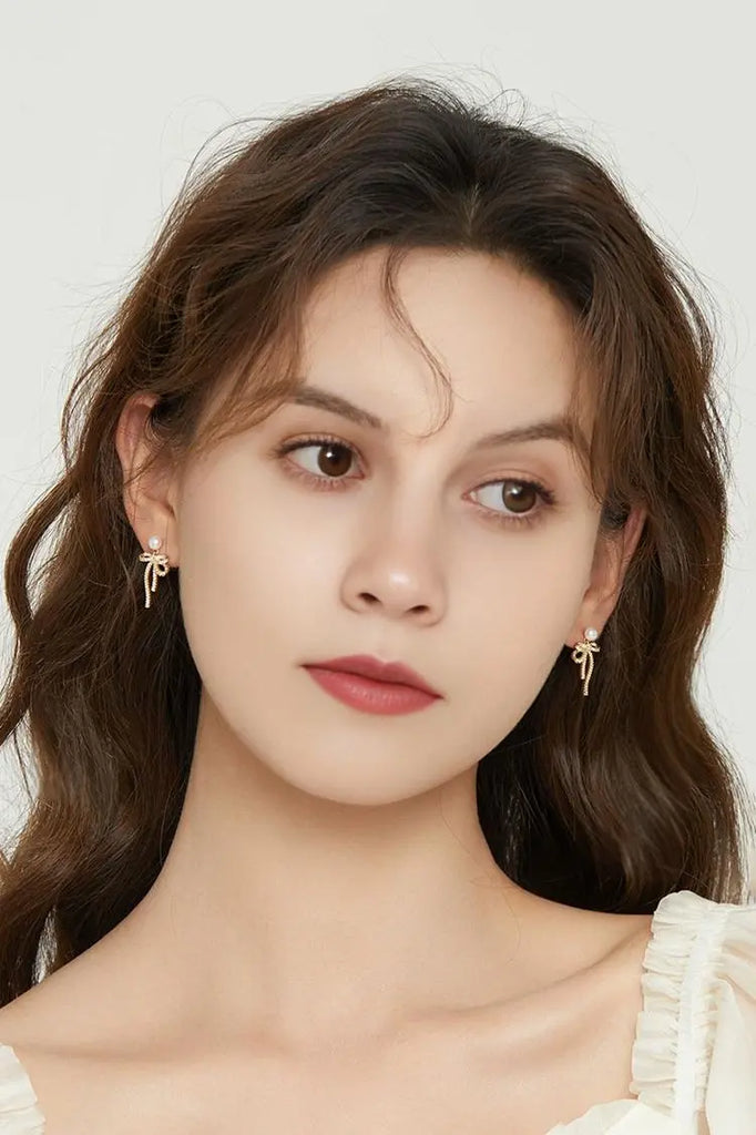 Fibflx Women's Bow Earrings with Pearl and Glimmer Gem