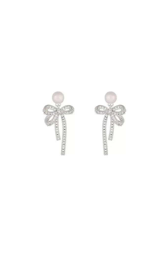 Fibflx Women's Bow Earrings with Pearl and Glimmer Gem