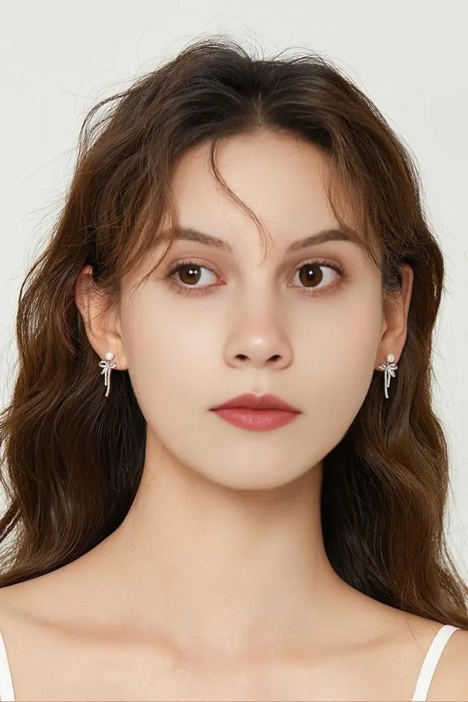 Fibflx Women's Bow Earrings with Pearl and Glimmer Gem