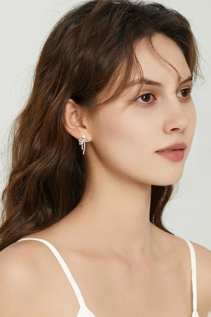 Fibflx Women's Bow Earrings with Pearl and Glimmer Gem