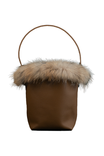 Brown Calfskin Leather Bucket Bag with Furry Brim - Fibflx
