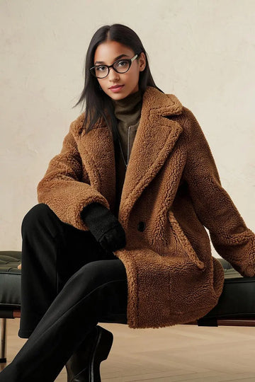 Fibflx Women's Brown Double Breasted Wool Blend Teddy Sherpa Coat