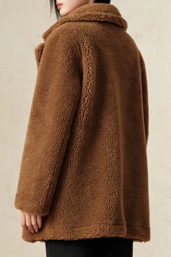 Fibflx Women's Brown Double Breasted Wool Blend Teddy Sherpa Coat