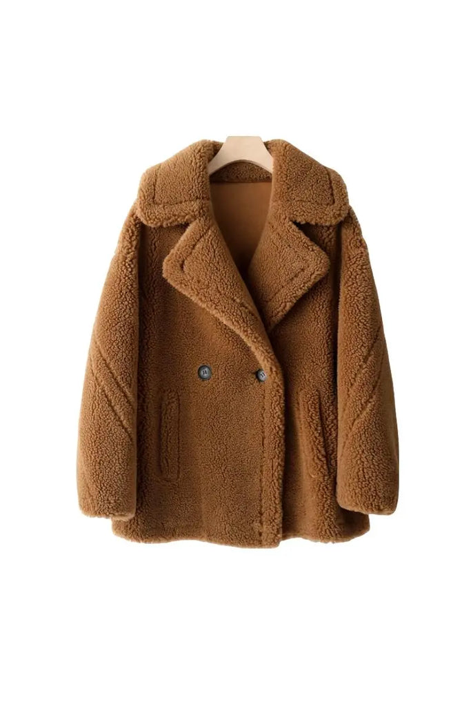 Fibflx Women's Brown Double Breasted Wool Blend Teddy Sherpa Coat