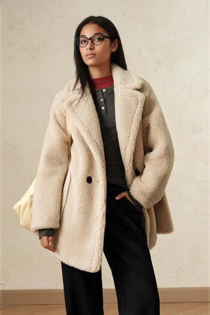 Fibflx Women's Brown Double Breasted Wool Blend Teddy Sherpa Coat