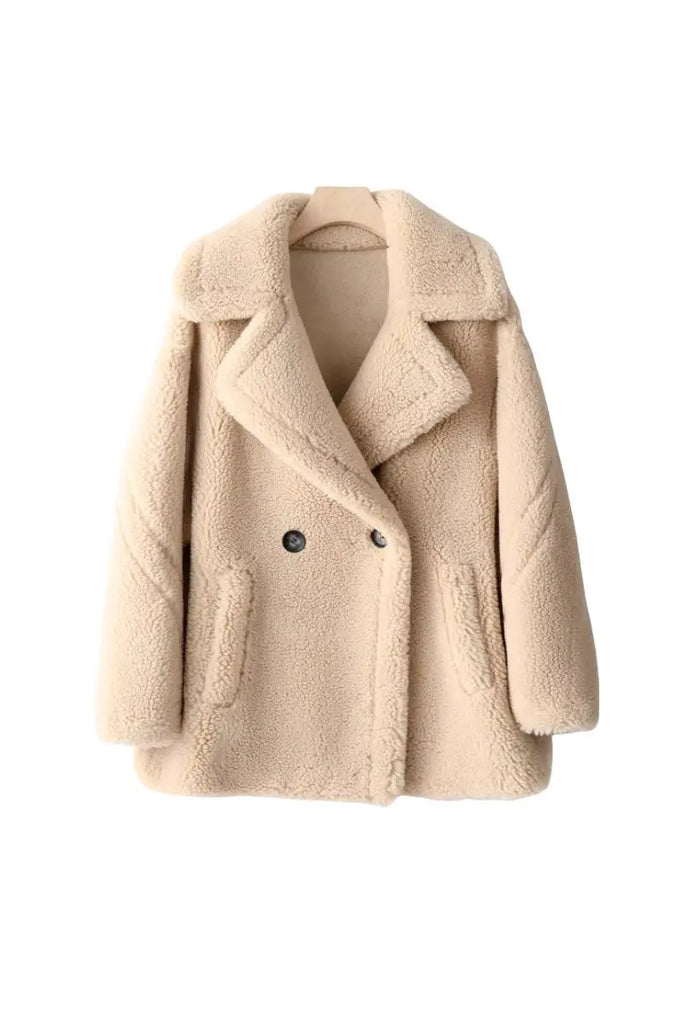 Fibflx Women's Brown Double Breasted Wool Blend Teddy Sherpa Coat