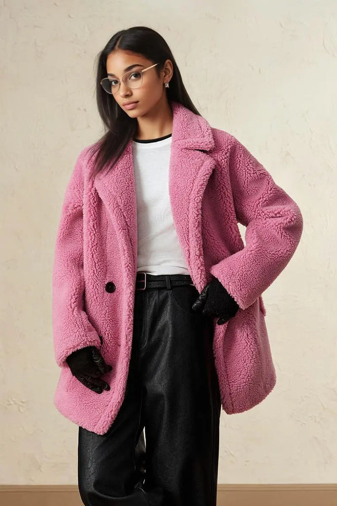 Fibflx Women's Brown Double Breasted Wool Blend Teddy Sherpa Coat