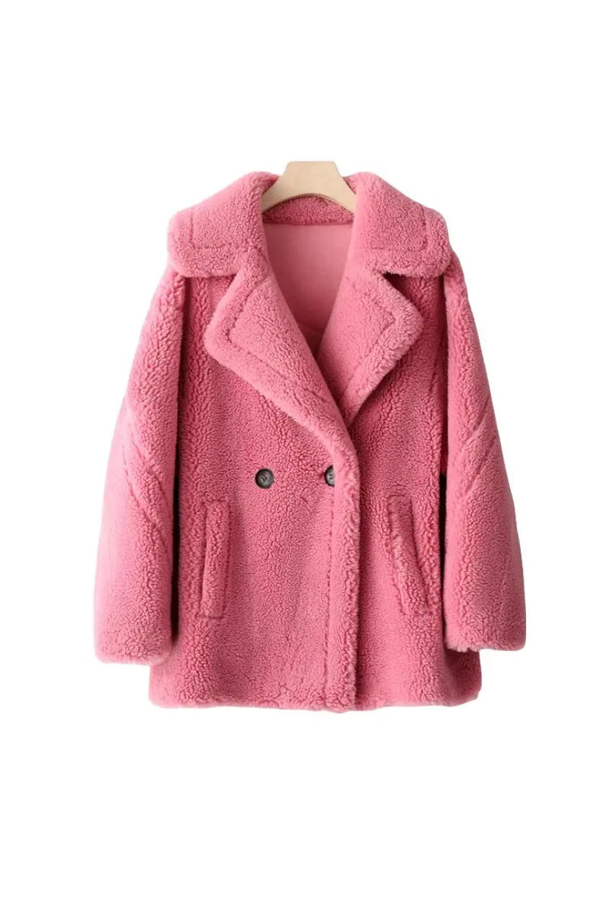 Fibflx Women's Brown Double Breasted Wool Blend Teddy Sherpa Coat