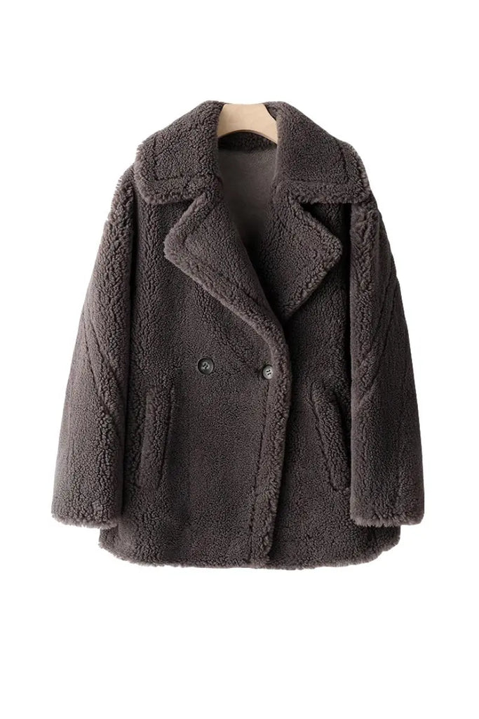 Fibflx Women's Brown Double Breasted Wool Blend Teddy Sherpa Coat