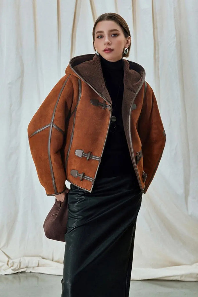 Fibflx Women's Brown Hooded Shearling Sheepskin Jacket