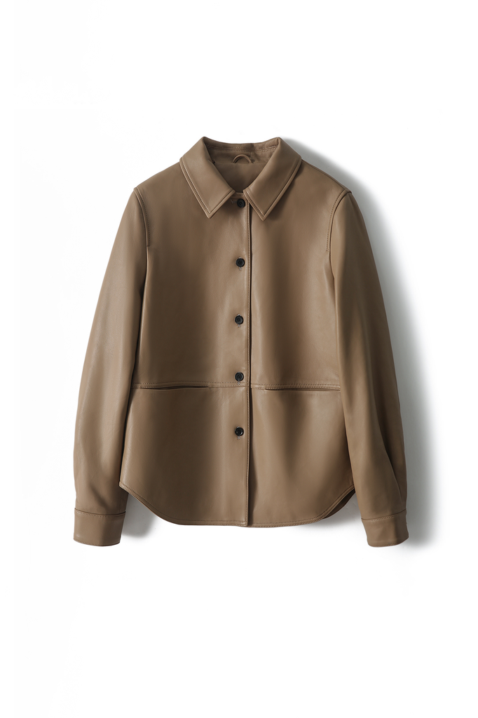 Brown Long Sleeve Button-up Jacket Shirt with Dolphin Hem - Fibflx