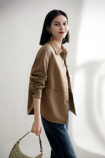 Brown Long Sleeve Button-up Jacket Shirt with Dolphin Hem - Fibflx