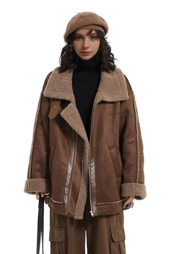 Fibflx Women's Brown Vegan Leather Shearling Aviator Jacket