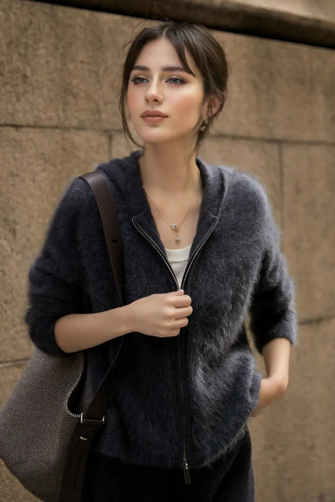 Brushed Cashmere Hooded Zip-Up Cardigan - Fibflx