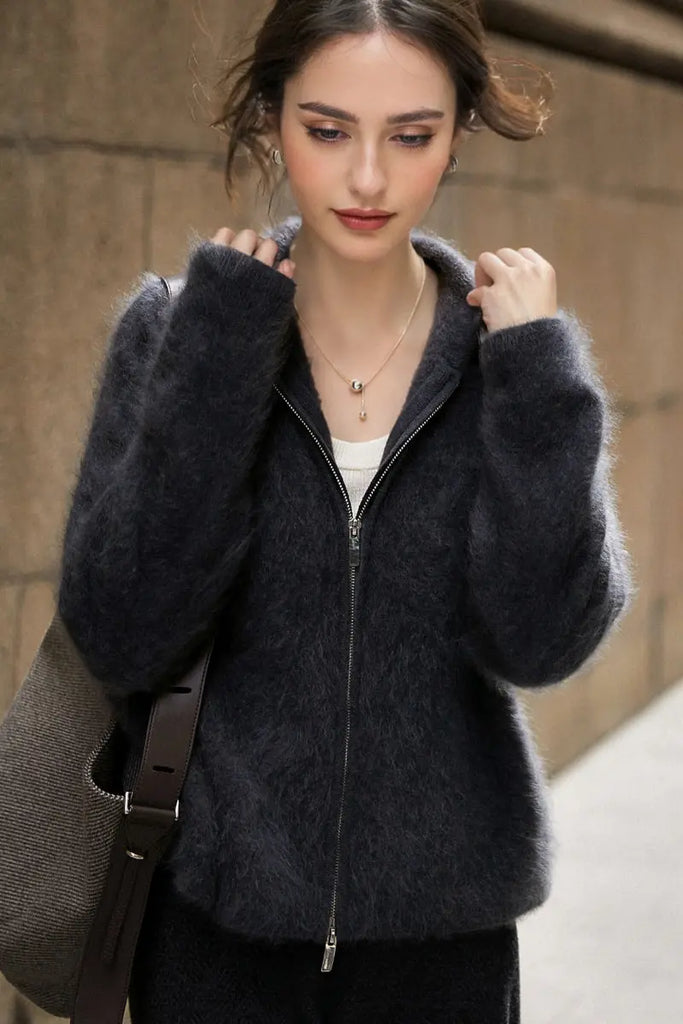 Brushed Cashmere Hooded Zip-Up Cardigan - Fibflx