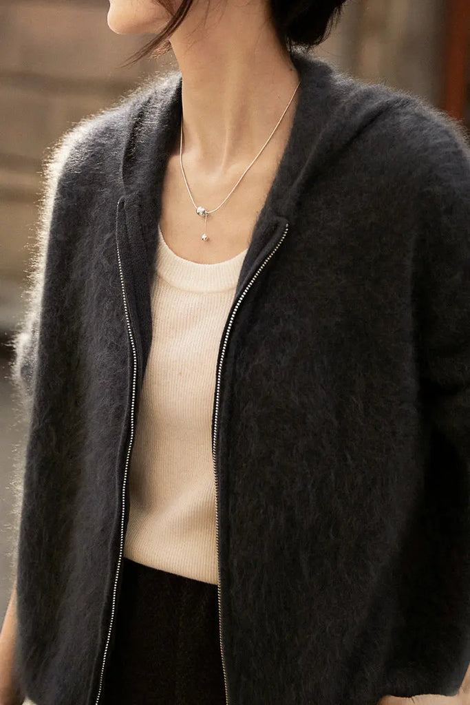 Brushed Cashmere Hooded Zip-Up Cardigan - Fibflx
