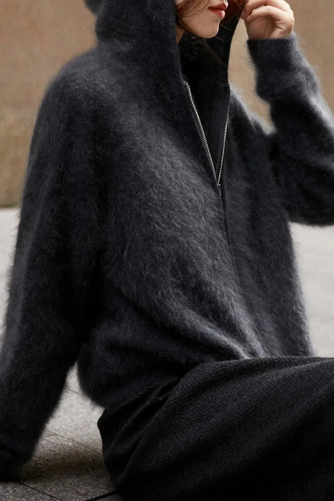 Brushed Cashmere Hooded Zip-Up Cardigan - Fibflx