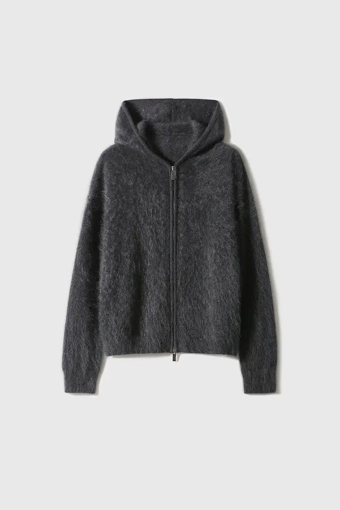 Brushed Cashmere Hooded Zip-Up Cardigan - Fibflx