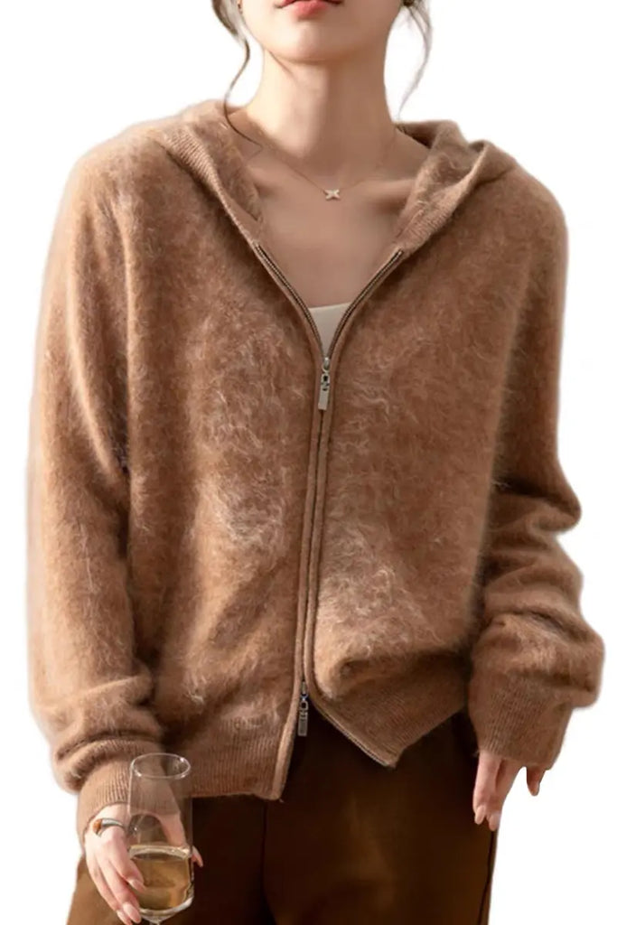 Brushed Cashmere Hooded Zip-Up Cardigan - Fibflx