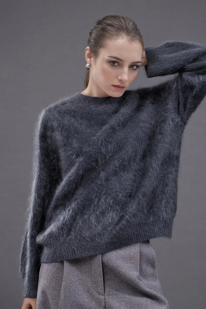 Fibflx Women's Brushed Cahsmere Seamless Knit Crewneck Sweater