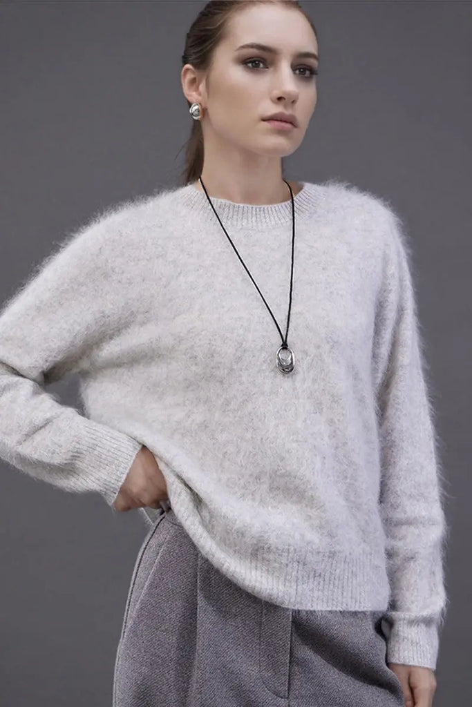 Fibflx Women's Brushed Cahsmere Seamless Knit Crewneck Sweater