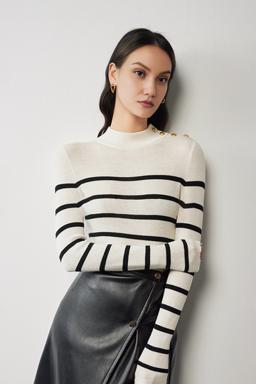 Button-Embellished Striped Merino Wool Sweater - Fibflx