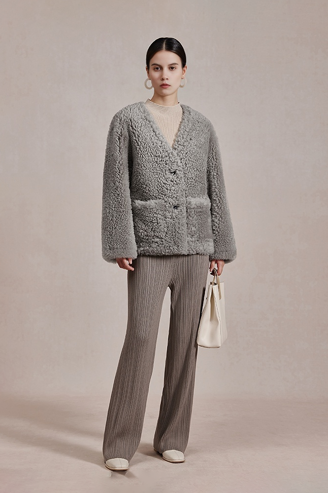 Button Front Toscana Shearling Sheepskin Coat Fibflx