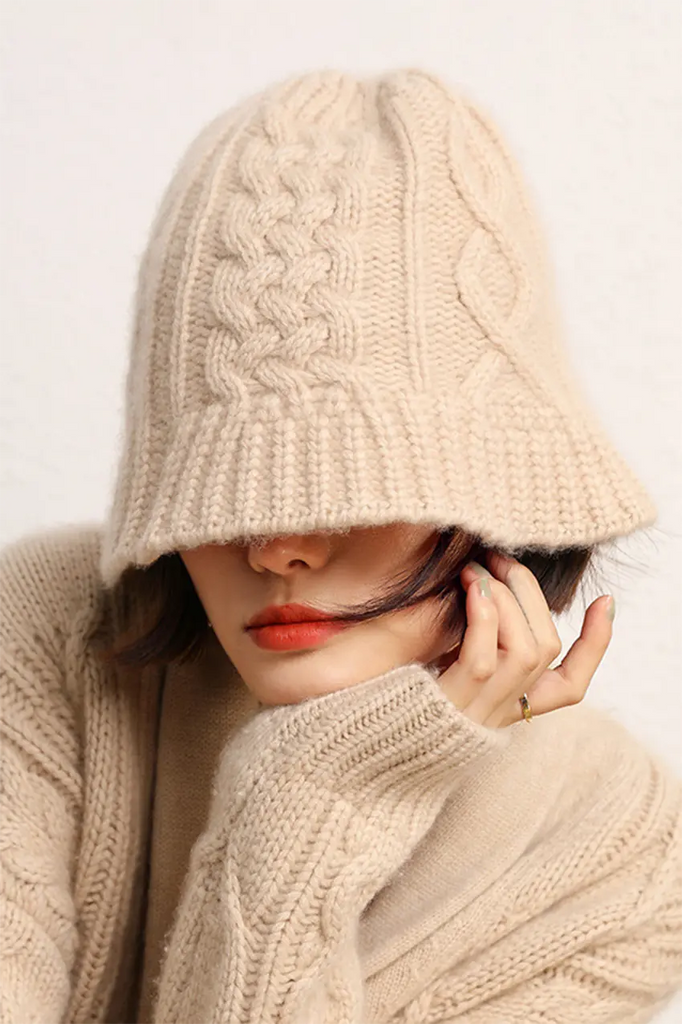 Cable Knit Designer Bucket Hat In 100 Cashmere Fibflx