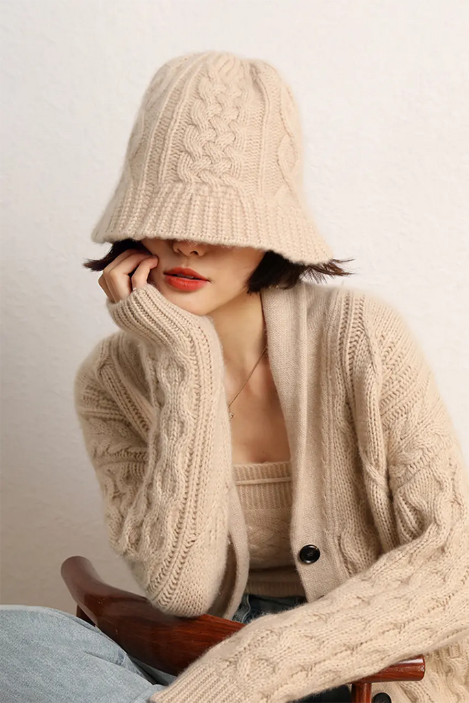 Cable Knit Designer Bucket Hat In 100 Cashmere Fibflx