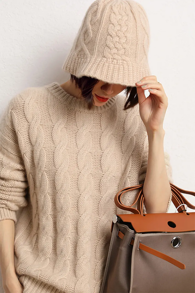 Cable Knit Designer Bucket Hat In 100 Cashmere Fibflx