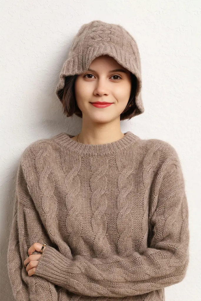 Cable Knit Designer Bucket Hat In 100 Cashmere Fibflx