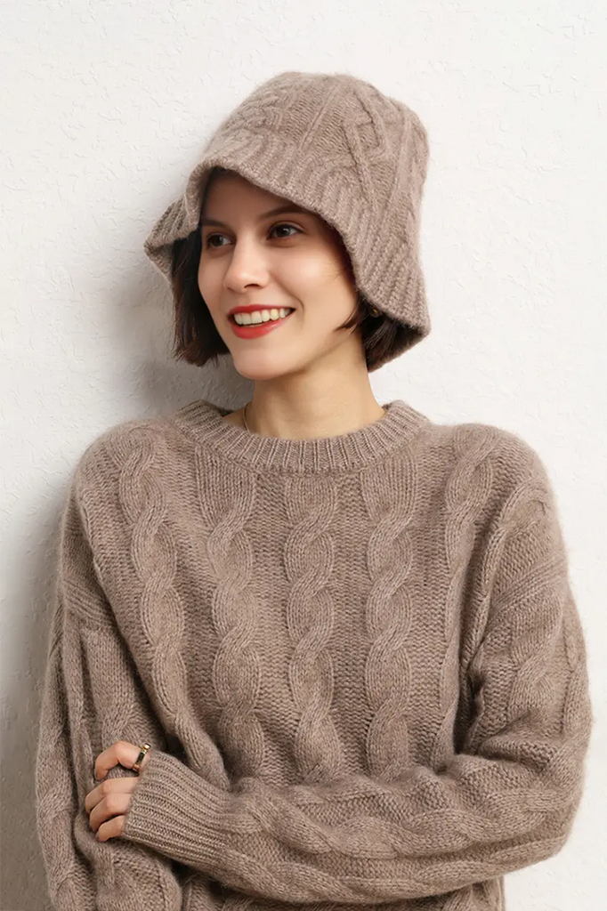 Cable Knit Designer Bucket Hat In 100 Cashmere Fibflx