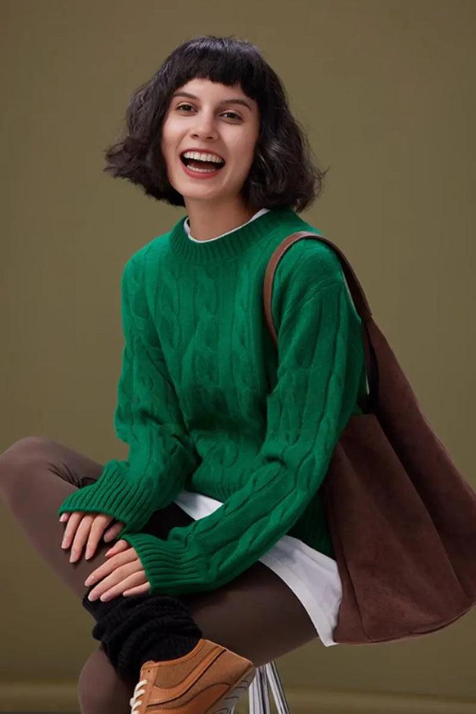 Fibflx Women's Cable Knit Red Wool Swater with Ribbed Cuff