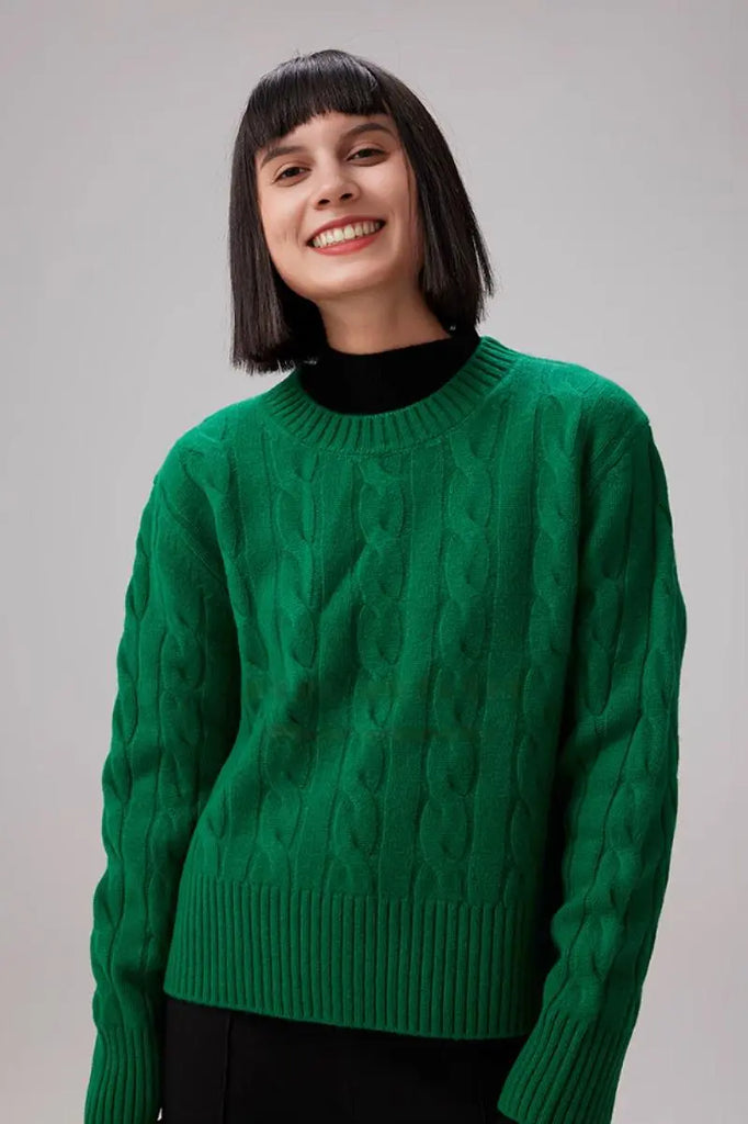 Fibflx Women's Cable Knit Red Wool Swater with Ribbed Cuff