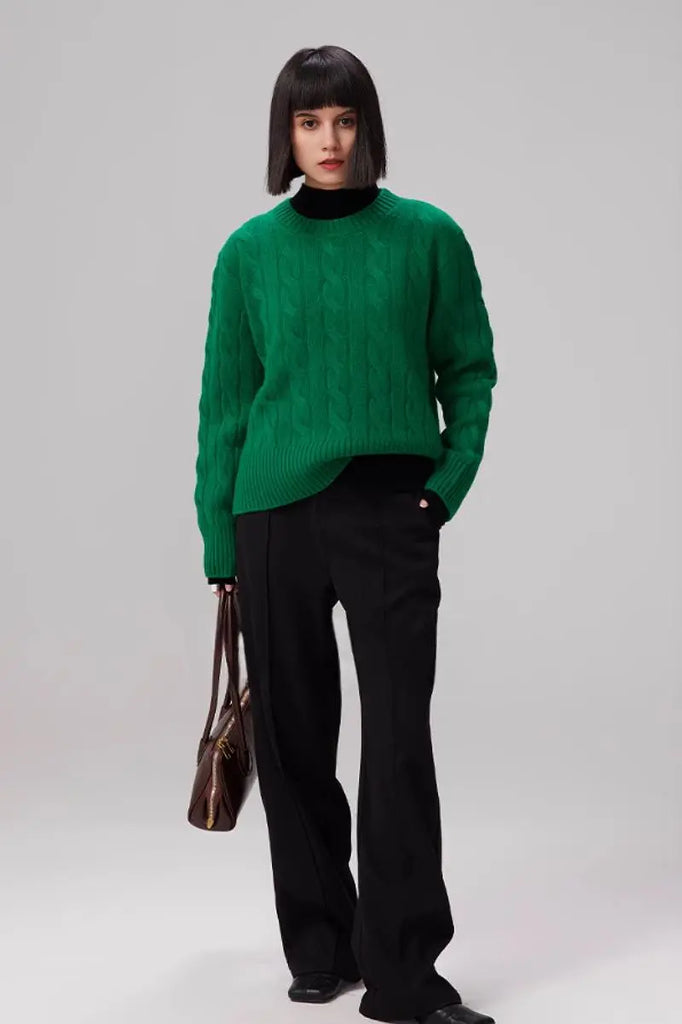 Fibflx Women's Cable Knit Red Wool Swater with Ribbed Cuff