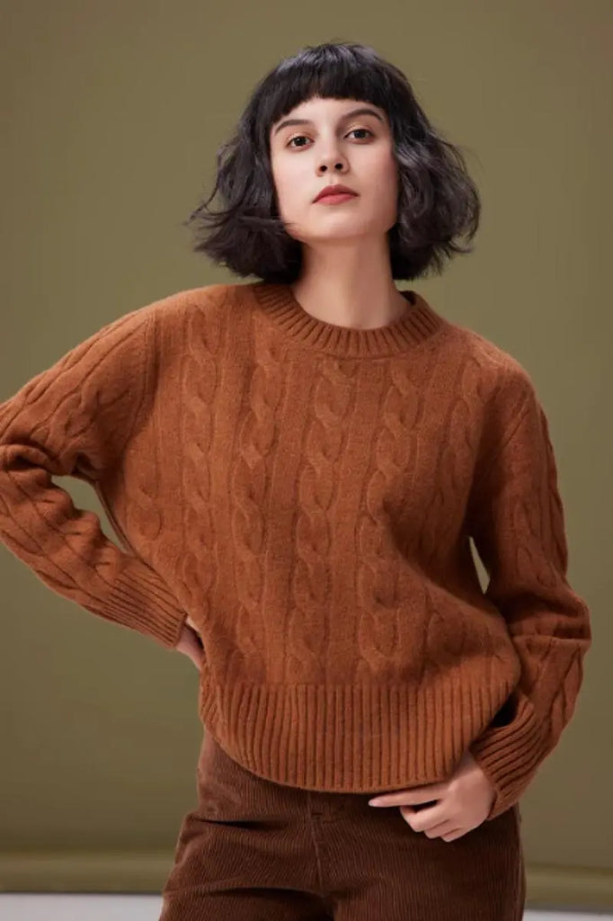 Fibflx Women's Cable Knit Red Wool Swater with Ribbed Cuff