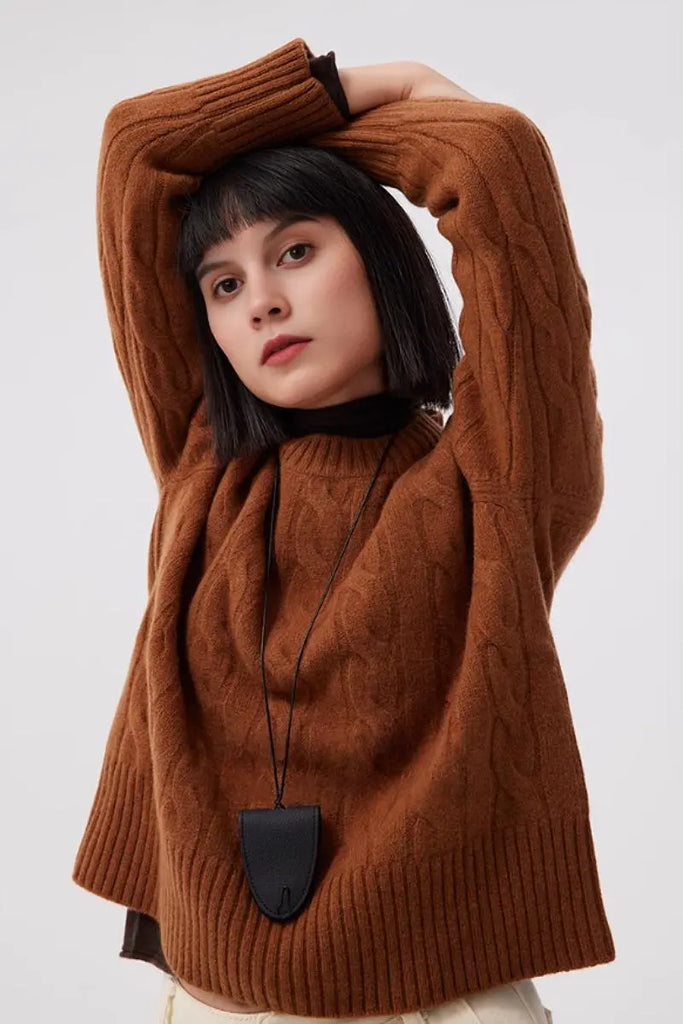 Fibflx Women's Cable Knit Red Wool Swater with Ribbed Cuff