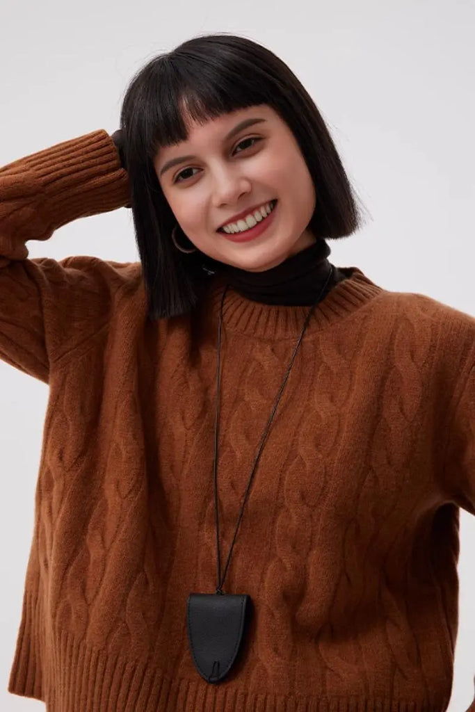 Fibflx Women's Cable Knit Red Wool Swater with Ribbed Cuff