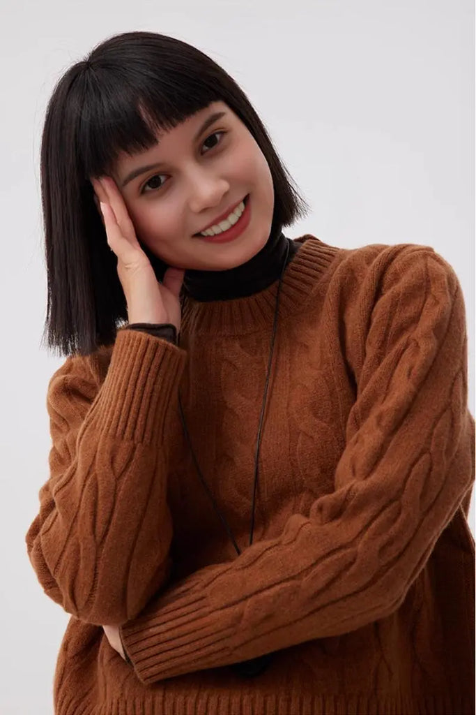 Fibflx Women's Cable Knit Red Wool Swater with Ribbed Cuff