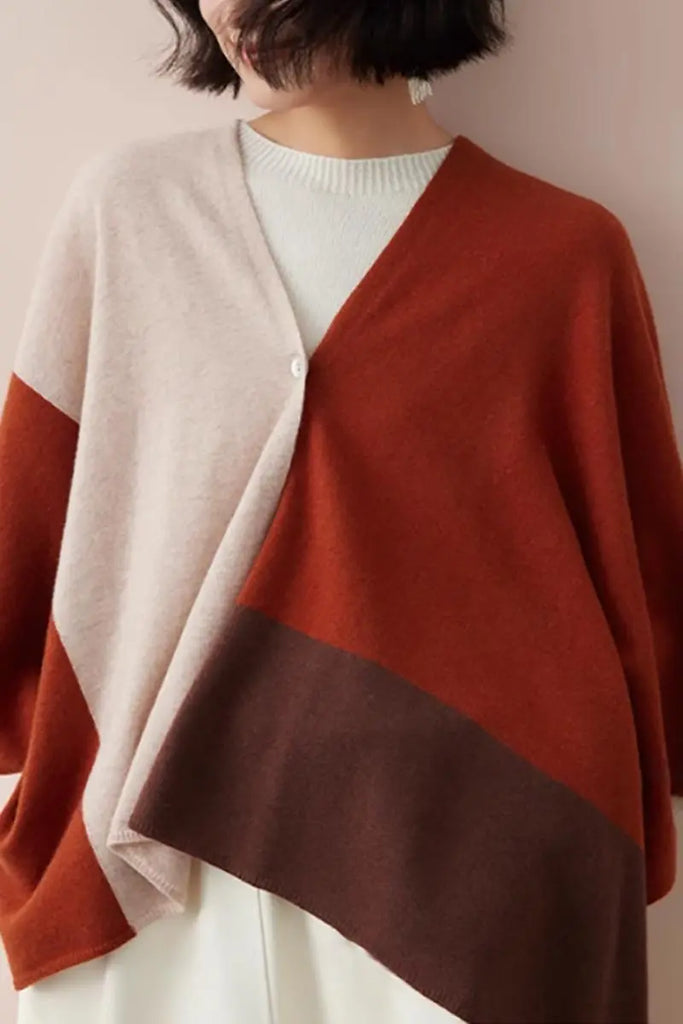 Fibflx Women's Cashmere Wool Knit Colorblock Poncho Sweater