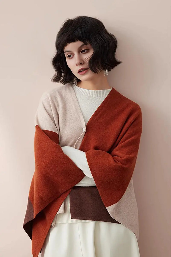 Fibflx Women's Cashmere Wool Knit Colorblock Poncho Sweater