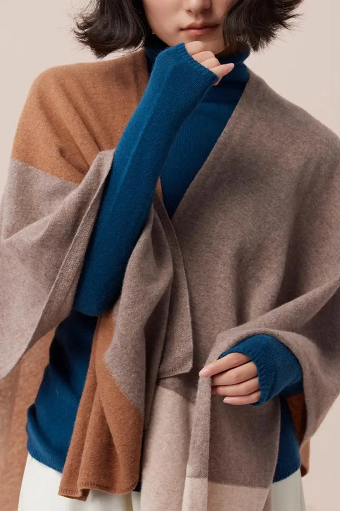 Fibflx Women's Cashmere Wool Knit Colorblock Poncho Sweater