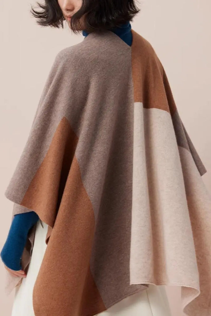 Fibflx Women's Cashmere Wool Knit Colorblock Poncho Sweater