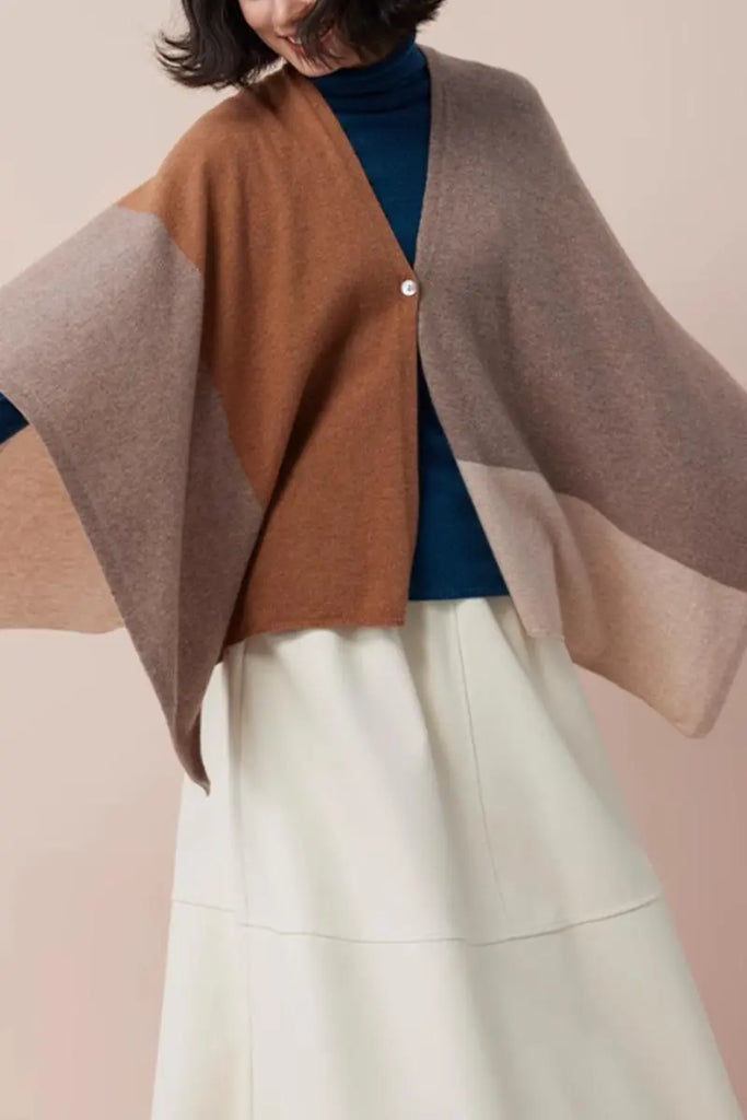 Fibflx Women's Cashmere Wool Knit Colorblock Poncho Sweater